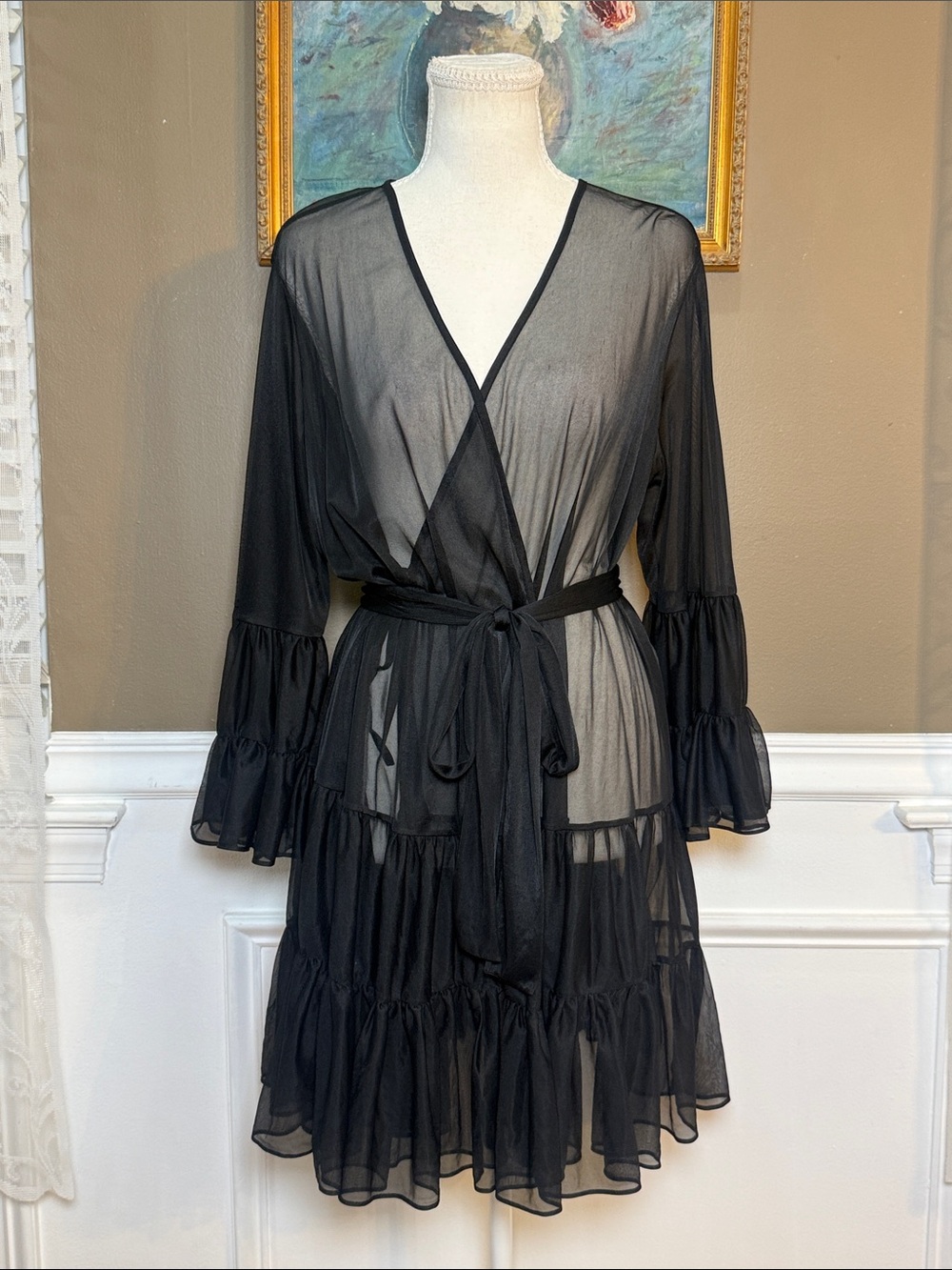 Betsey Johnson Intimates Y2K Black Sheer Ruffle Tiered Robe OS